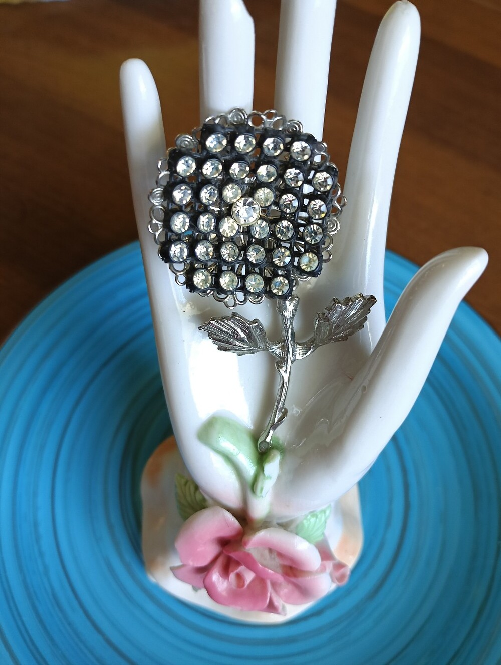 Vintage Silver Rhinestone Flower Brooch